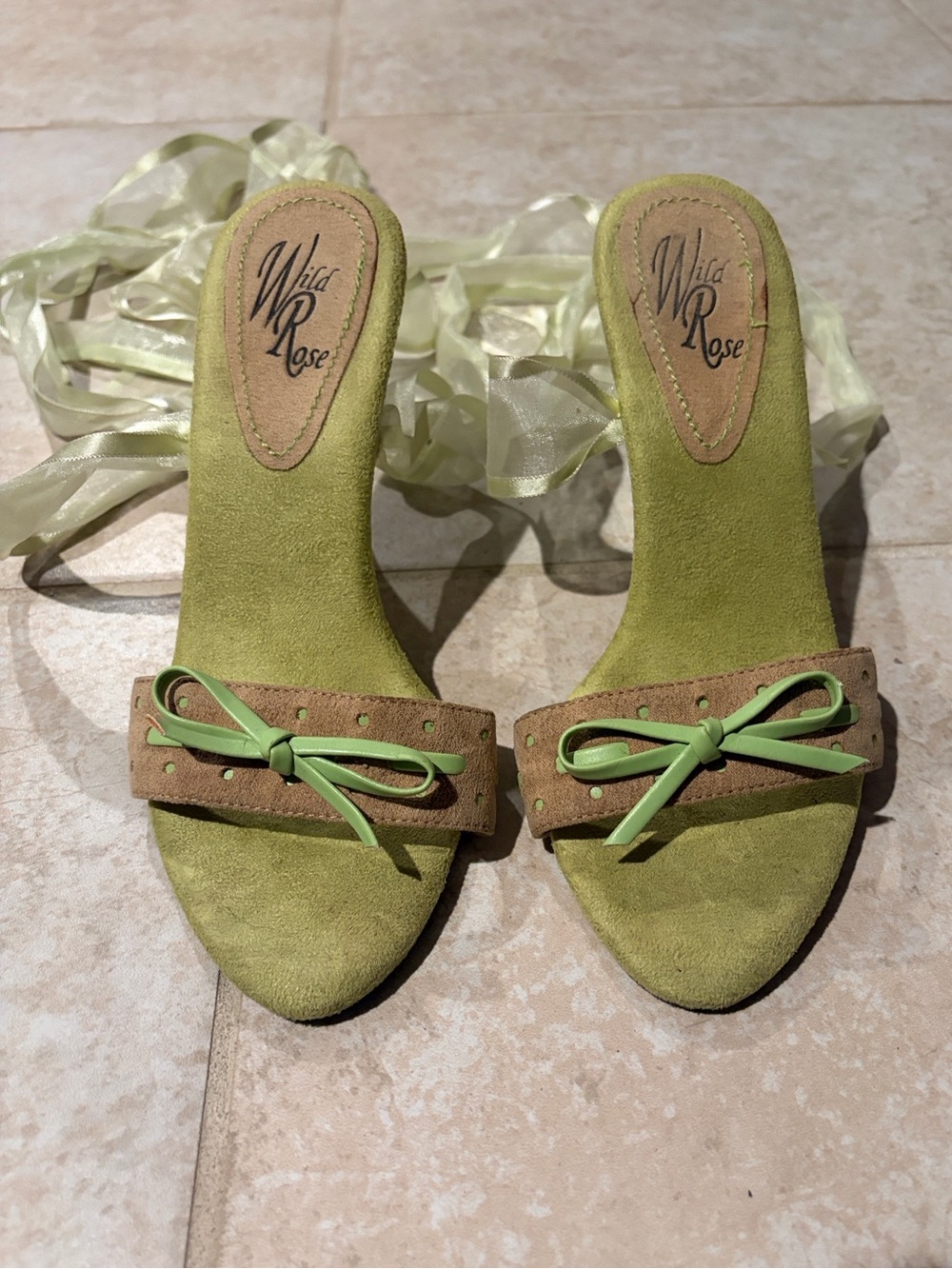Wild Rose Lime Green Suede Open-Toe Ribbon Wrap Sandals with Tan Accent